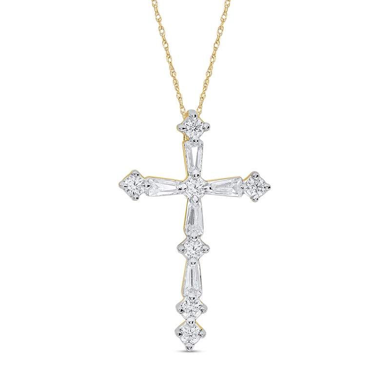 1/4 CT. T.W. Baguette and Round Diamond Cross Pendant in Sterling Silver with 14K Gold Plate