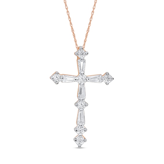1/4 CT. T.w. Baguette and Round Diamond Cross Pendant in Sterling Silver with 14K Rose Gold Plate