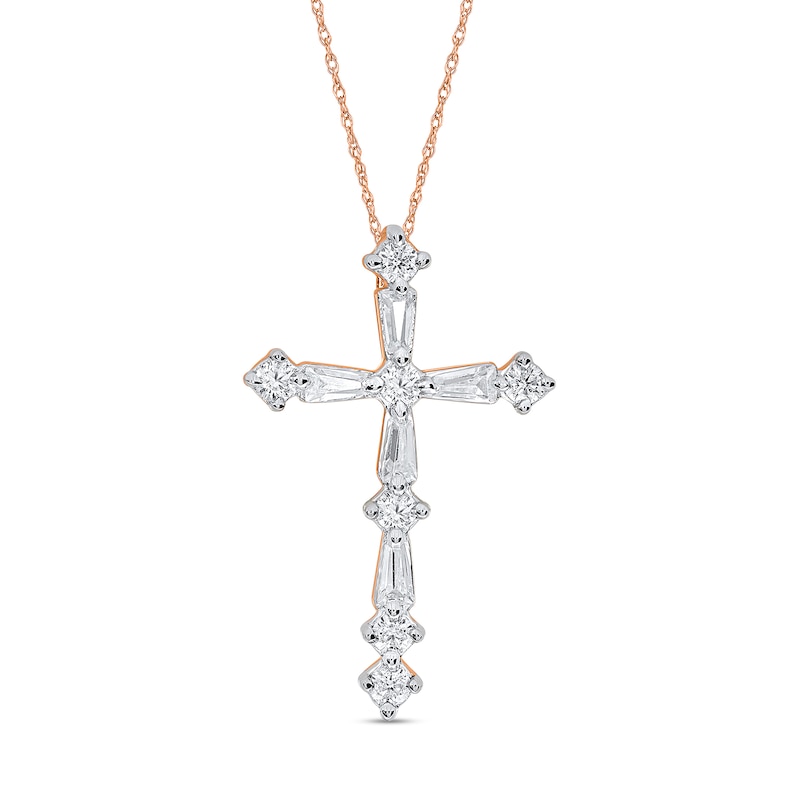 Main Image 1 of 1/4 CT. T.W. Baguette and Round Diamond Cross Pendant in Sterling Silver with 14K Rose Gold Plate