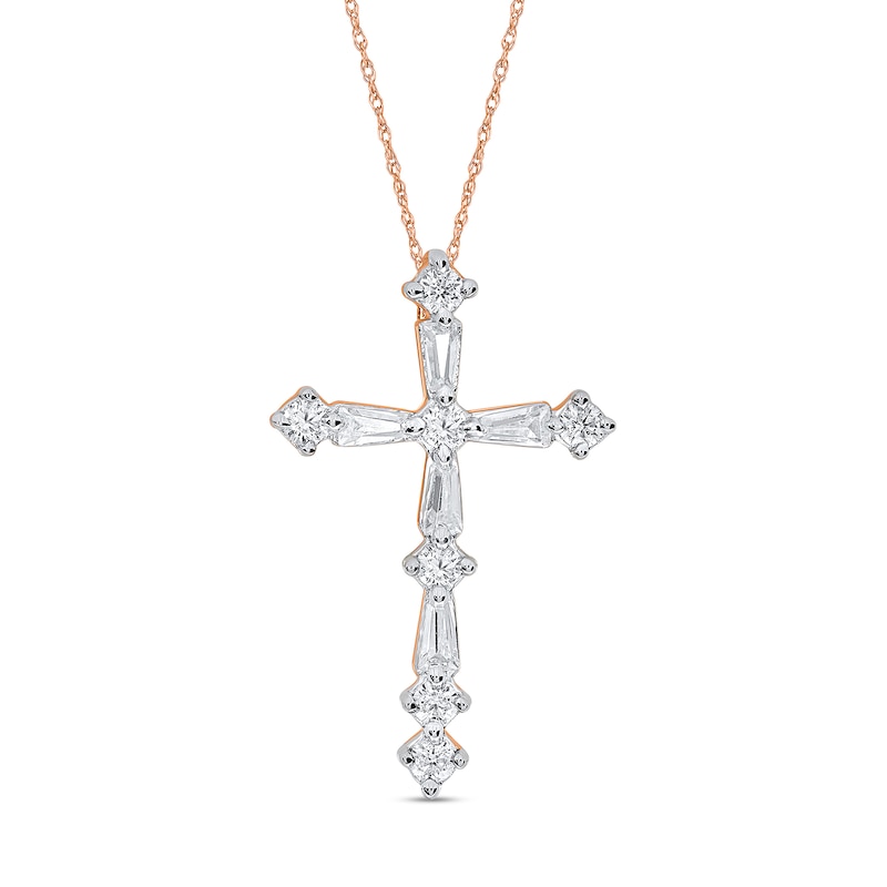 1/4 CT. T.W. Baguette and Round Diamond Cross Pendant in Sterling Silver with 14K Rose Gold Plate