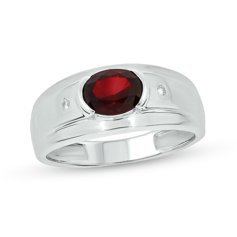 Men's Sideways Oval Lab-Created Ruby and Diamond Accent Bevelled Edge Ring in Sterling Silver