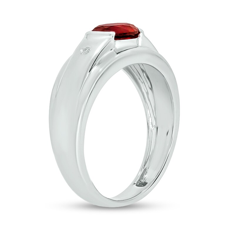 Men's Sideways Oval Lab-Created Ruby and Diamond Accent Bevelled Edge Ring in Sterling Silver