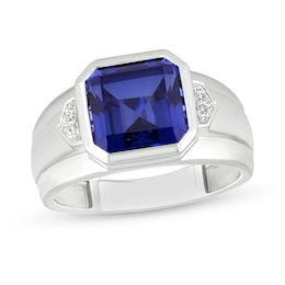 10.0mm Radiant-Cut Blue Lab-Created Sapphire and Diamond Accent Raised Collar Ring in Sterling Silver