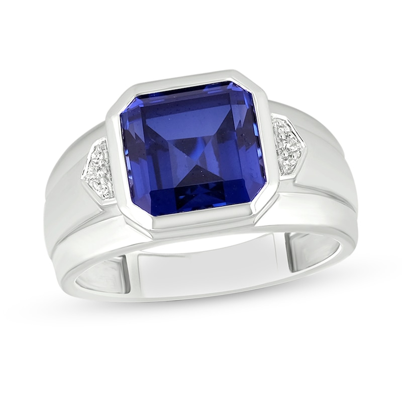 Main Image 1 of 10.0mm Radiant-Cut Blue Lab-Created Sapphire and Diamond Accent Raised Collar Ring in Sterling Silver