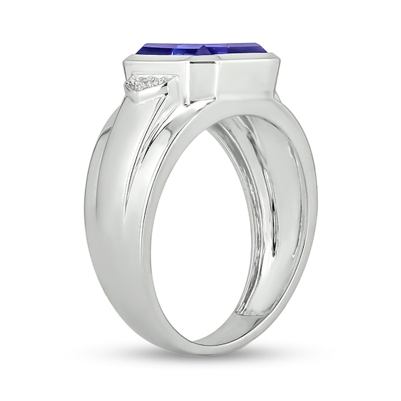 10.0mm Radiant-Cut Blue Lab-Created Sapphire and Diamond Accent Raised Collar Ring in Sterling Silver