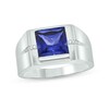 Thumbnail Image 0 of Men's 9.0mm Square-Cut Blue Lab-Created Sapphire and Diamond Accent Groove Shank Ring in 10K White Gold