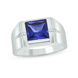 9.0mm Square-Cut Blue Lab-Created Sapphire and Diamond Accent Groove Shank Ring in 10K White Gold