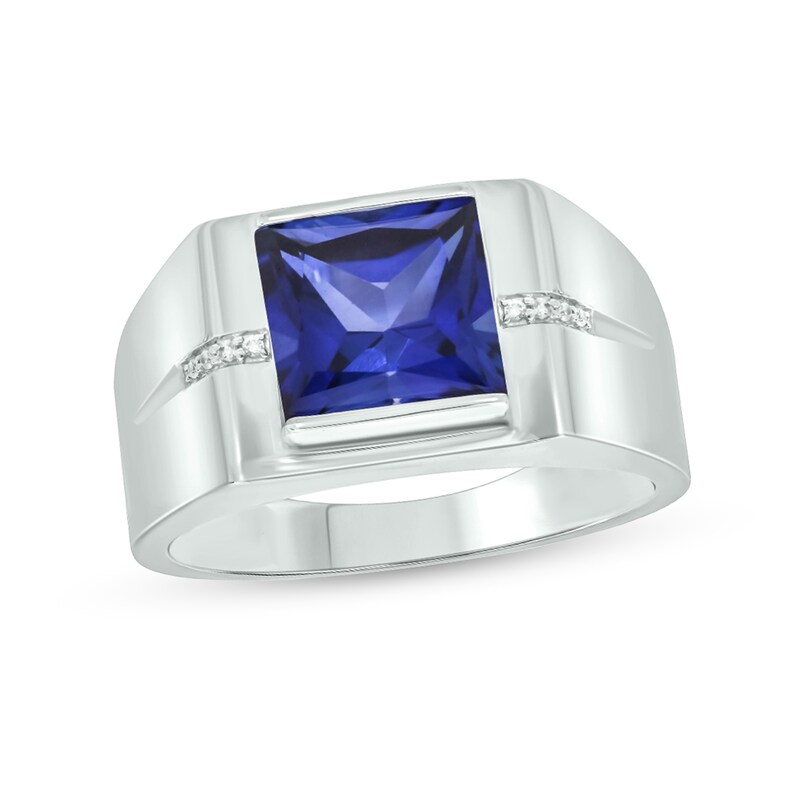 Main Image 1 of 9.0mm Square-Cut Blue Lab-Created Sapphire and Diamond Accent Groove Shank Ring in 10K White Gold