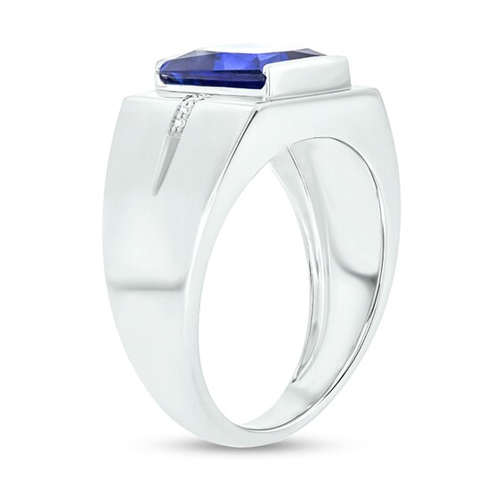 9.0mm Square-Cut Blue Lab-Created Sapphire and Diamond Accent Groove Shank Ring in 10K White Gold