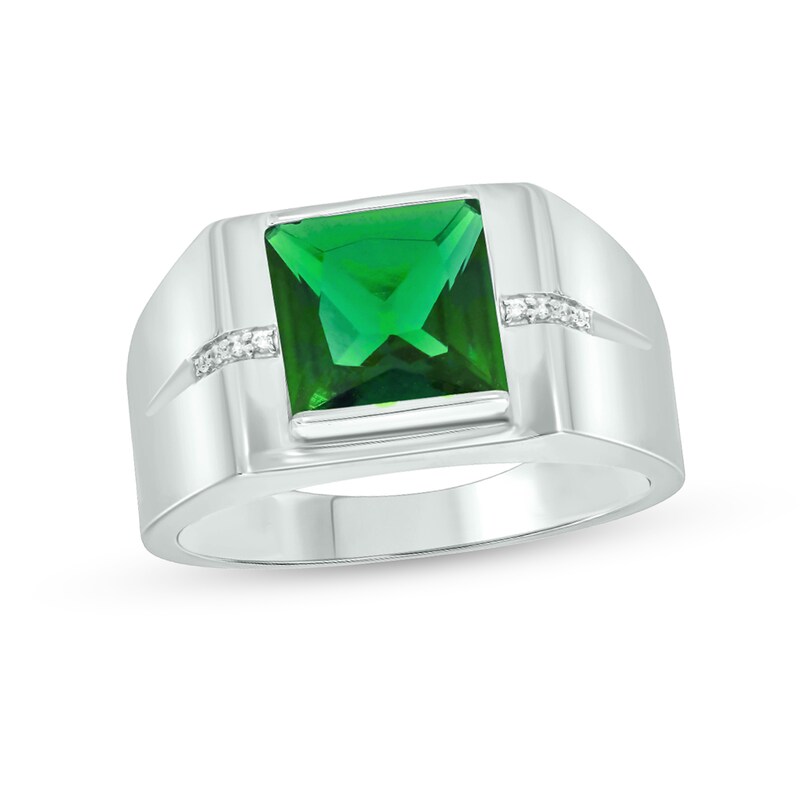 Main Image 1 of Men's 9.0mm Square-Cut Lab-Created Emerald and Diamond Accent Groove Shank Ring in 10K White Gold