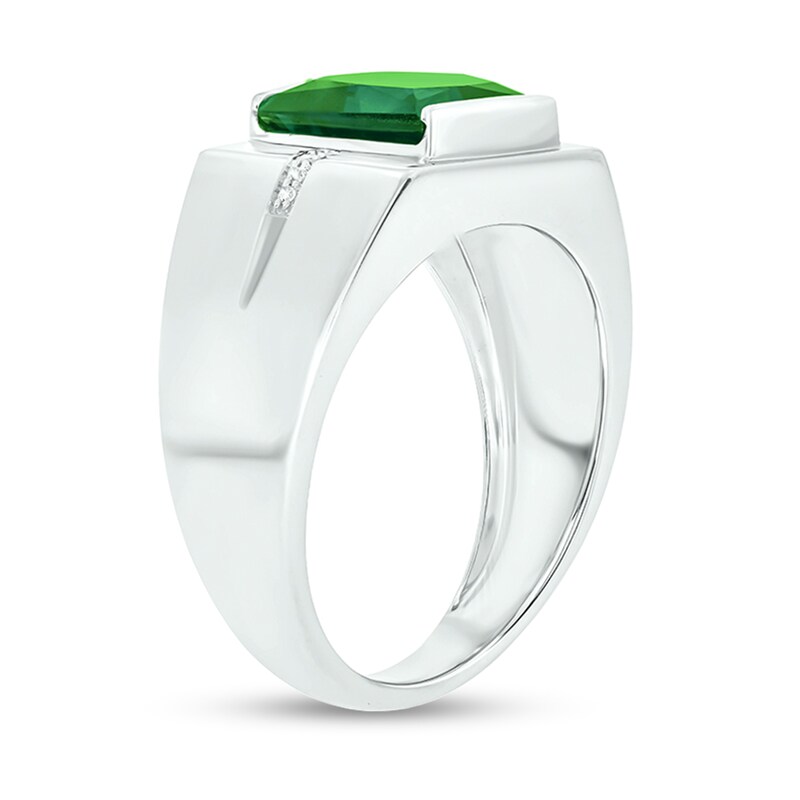 Main Image 2 of Men's 9.0mm Square-Cut Lab-Created Emerald and Diamond Accent Groove Shank Ring in 10K White Gold