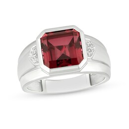 10.0mm Radiant-Cut Lab-Created Ruby and Diamond Accent Raised Collar Ring in Sterling Silver