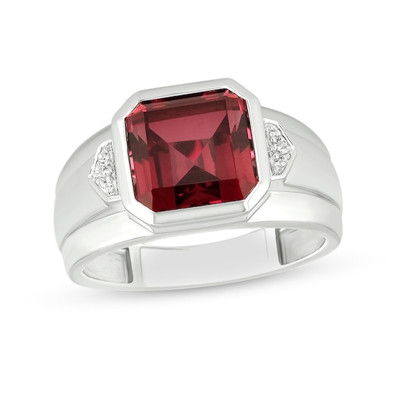 10.0mm Radiant-Cut Lab-Created Ruby and Diamond Accent Raised Collar Ring in Sterling Silver
