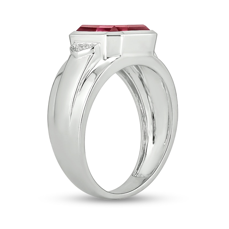 Men's 10.0mm Cushion-Cut Lab-Created Ruby and Diamond Accent Raised Collar Ring in Sterling Silver