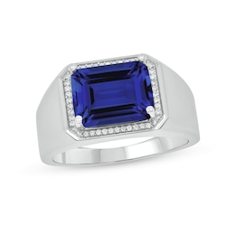 Sideways Emerald-Cut Blue Lab-Created Sapphire and 1/10 CT. T.W. Diamond Frame Ring in Sterling Silver