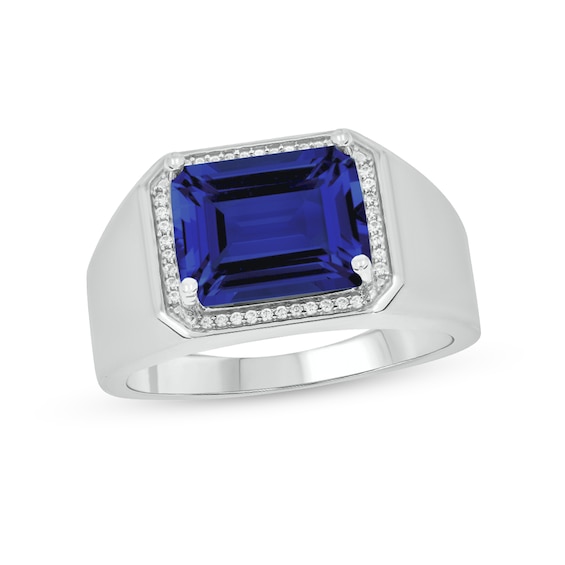 Sideways Emerald-Cut Blue Lab-Created Sapphire and 1/10 CT. T.w. Diamond Frame Ring in Sterling Silver