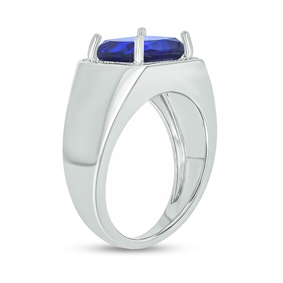 Sideways Emerald-Cut Blue Lab-Created Sapphire and 1/10 CT. T.w. Diamond Frame Ring in Sterling Silver
