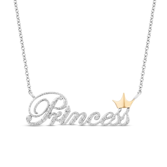 Enchanted Disney Princess 1/10 CT. T.w. Diamond "Princess" with Crown Necklace in Sterling Silver and 10K Gold