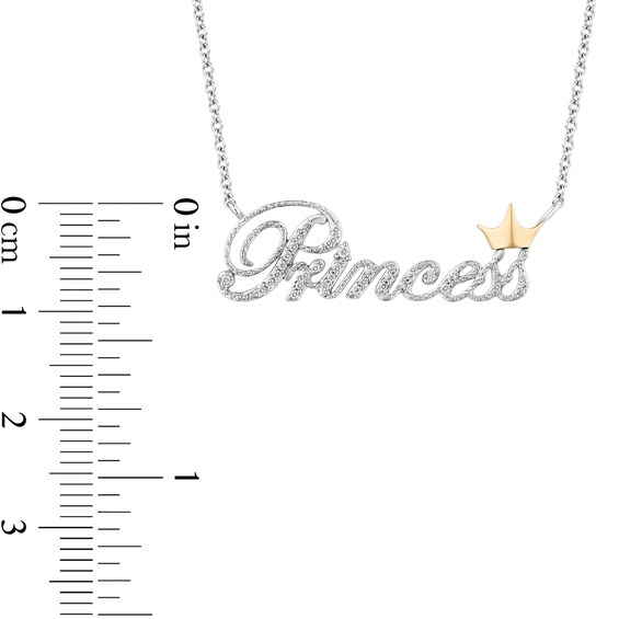 Enchanted Disney Princess 1/10 CT. T.w. Diamond "Princess" with Crown Necklace in Sterling Silver and 10K Gold
