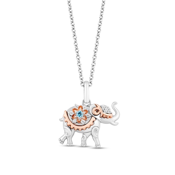 Enchanted Disney Jasmine Blue Topaz and 1/20 CT. T.w. Diamond Elephant Pendant in Sterling Silver with 10K Rose Gold