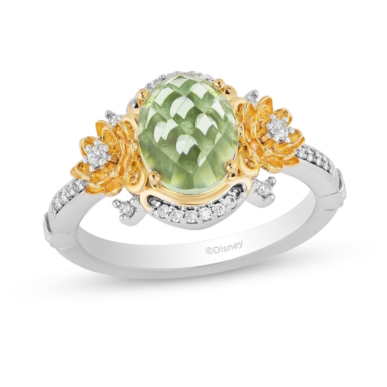 Enchanted Disney Tiana Oval Green Quartz and 1/6 CT. T.w. Diamond Water Lily Ring in Sterling Silver and 10K Gold