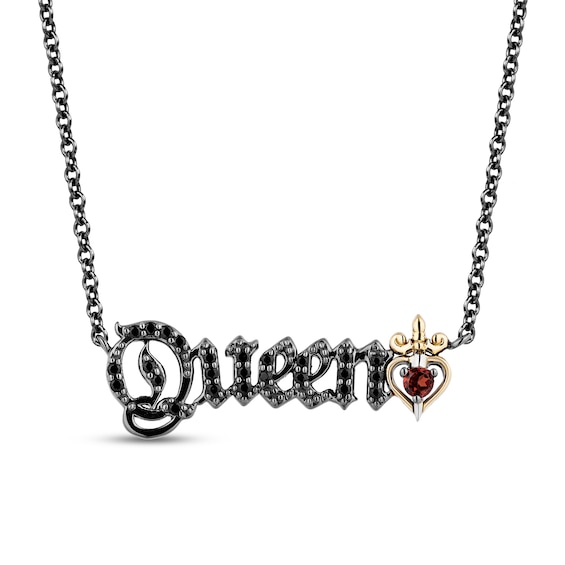 Enchanted Disney Villains Evil Queen Garnet and Black Diamond "Queen" Necklace in Sterling Silver and 10K Gold