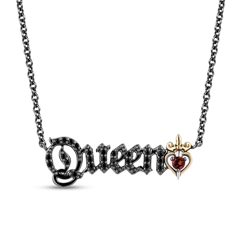 Main Image 1 of Enchanted Disney Villains Evil Queen Garnet and Black Diamond "Queen" Necklace in Sterling Silver and 10K Gold