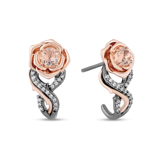 Enchanted Disney Aurora Morganite and 1/10 CT. T.w. Diamond Rose Drop Earrings in Sterling Silver and 10K Rose Gold