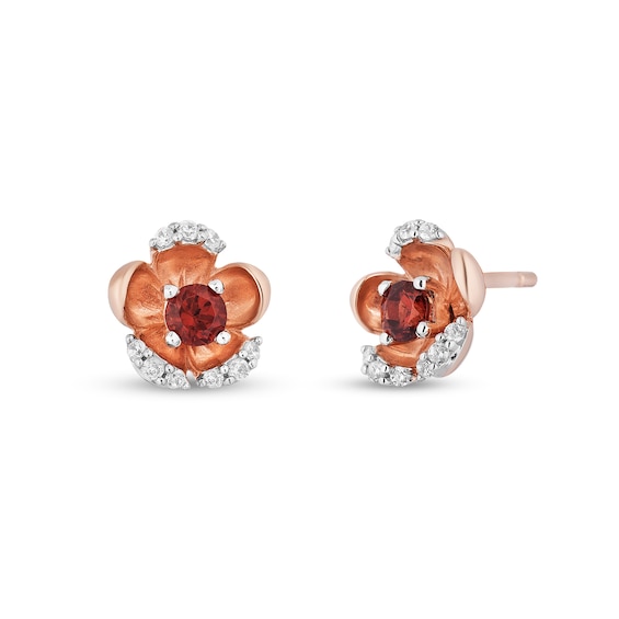 Enchanted Disney Snow White 3.0mm Garnet and 1/10 CT. T.w. Diamond Flower Stud Earrings in 10K Rose Gold