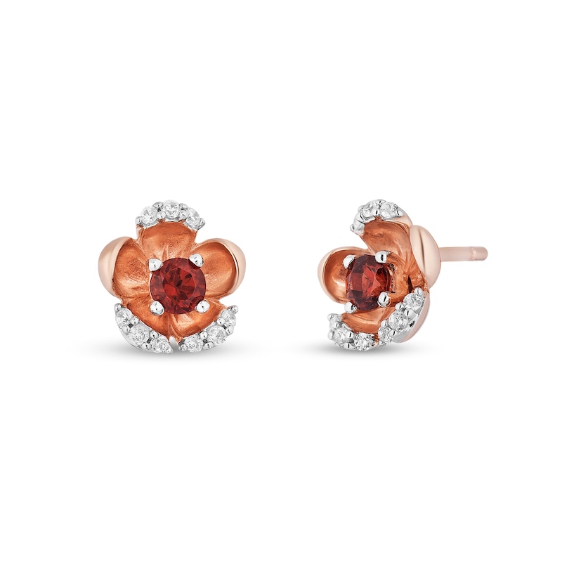 Enchanted Disney Snow White 3.0mm Garnet and 1/10 CT. T.W. Diamond Flower Stud Earrings in 10K Rose Gold