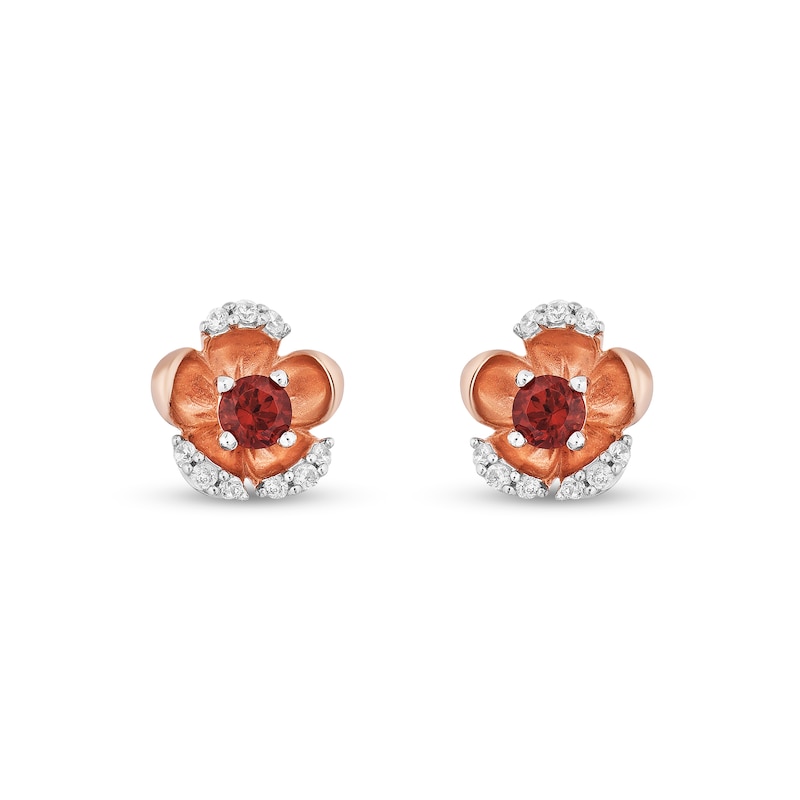 Enchanted Disney Snow White 3.0mm Garnet and 1/10 CT. T.W. Diamond Flower Stud Earrings in 10K Rose Gold