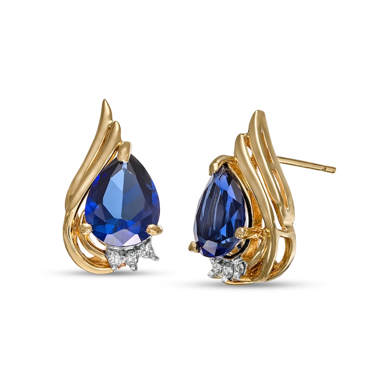 Pear-Shaped Blue Lab-Created Sapphire and 1/20 CT. T.W. Diamond Flame Stud Earrings in 10K Gold