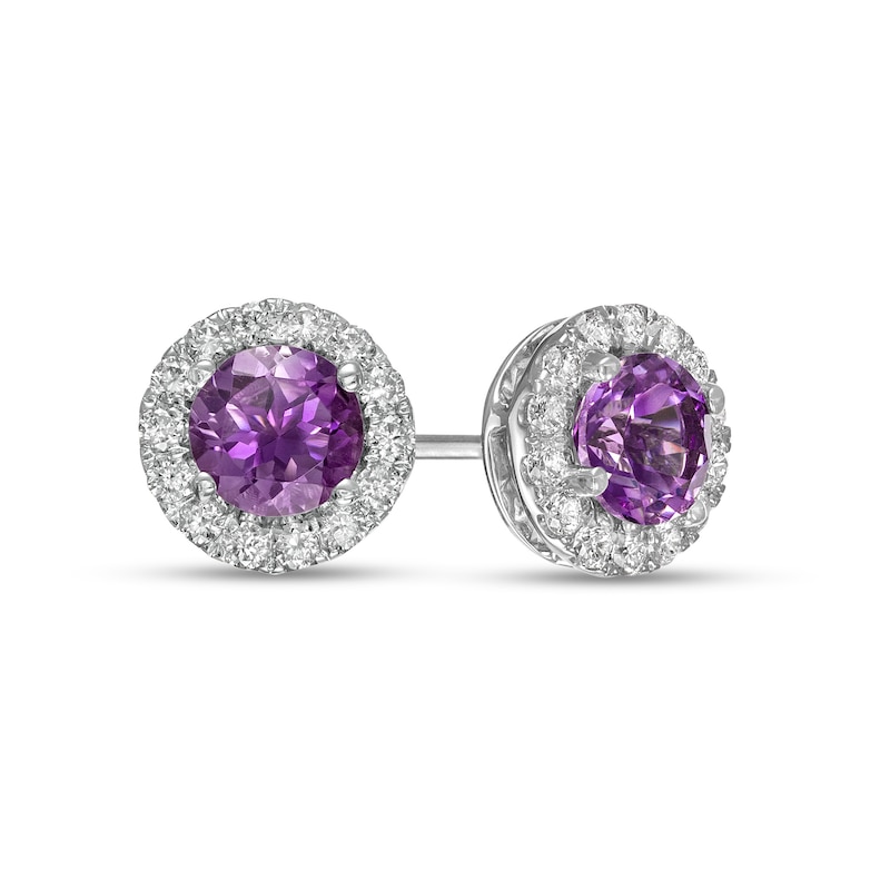 5.0mm Amethyst and 1/3 CT. T.W. Diamond Frame Stud Earrings in 14K White Gold