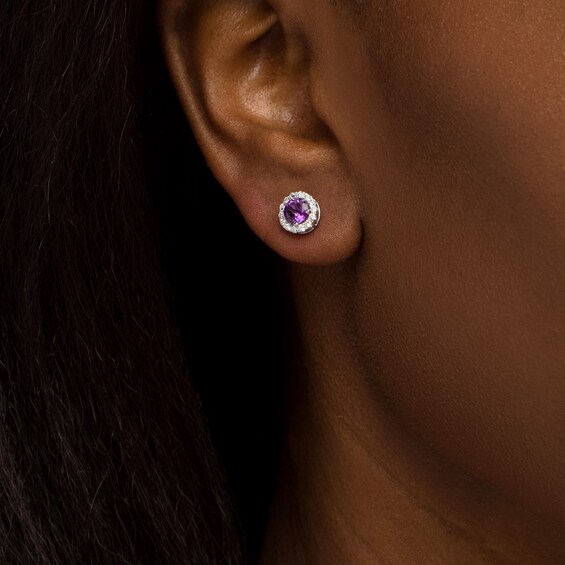 5.0mm Amethyst and 1/3 CT. T.w. Diamond Frame Stud Earrings in 14K White Gold