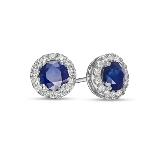 6.0mm Blue Sapphire and 1/3 CT. T.w. Diamond Frame Stud Earrings in 14K White Gold