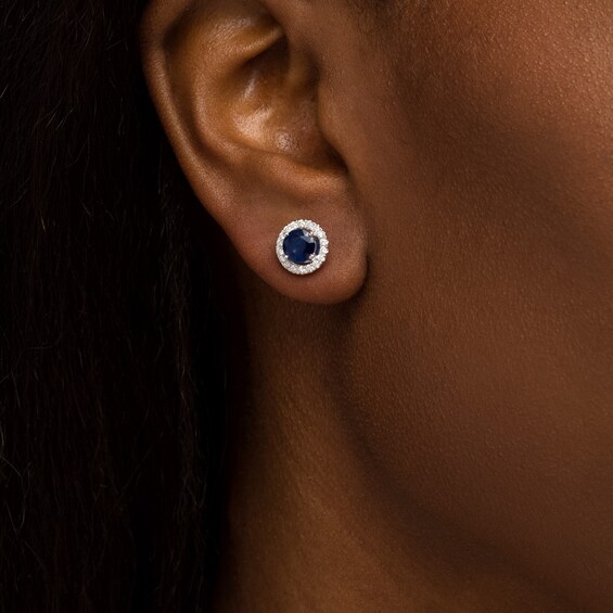 6.0mm Blue Sapphire and 1/3 CT. T.w. Diamond Frame Stud Earrings in 14K White Gold