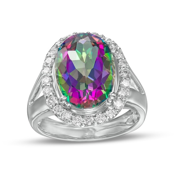 Oval Mystic FireÂ® Topaz and 1/2 CT. T.w. Diamond Frame Split Shank Ring in 14K White Gold