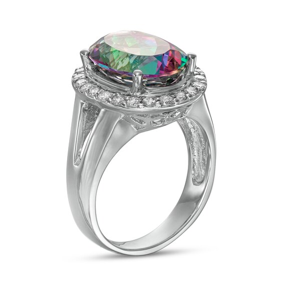 Oval Mystic FireÂ® Topaz and 1/2 CT. T.w. Diamond Frame Split Shank Ring in 14K White Gold