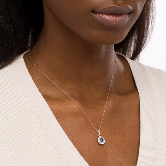 Pear-Shaped Blue Sapphire and 3/8 CT. T.w. Diamond Double Frame Pendant in 14K White Gold