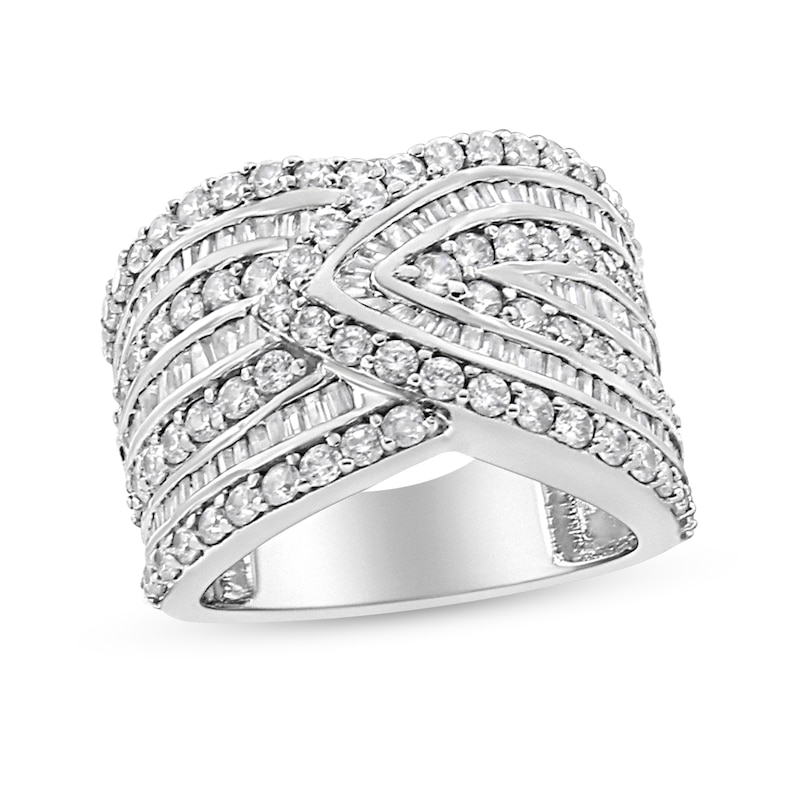 Main Image 1 of 2-3/8 CT. T.W. Baguette and Round Diamond Multi-Row Overlay Ring in Sterling Silver