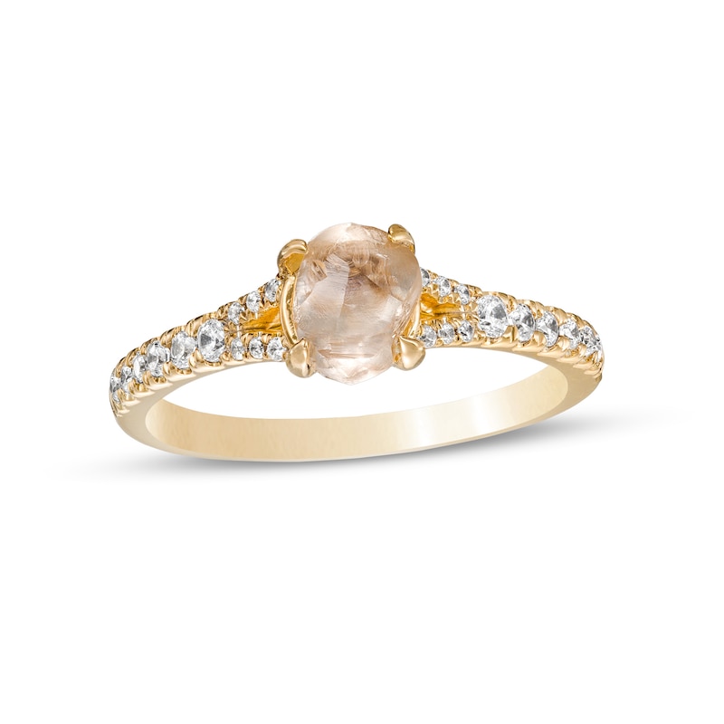 Main Image 1 of 1-1/4 CT. T.W. Rough-Cut Champagne and White Diamond Split Shank Engagement Ring in 14K Gold