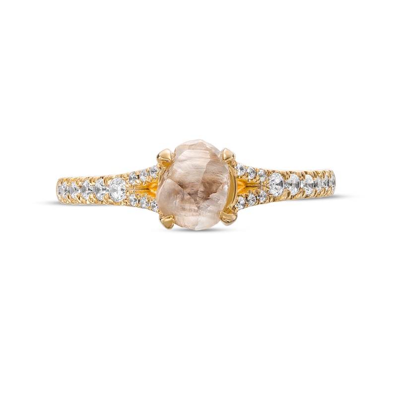 Main Image 4 of 1-1/4 CT. T.W. Rough-Cut Champagne and White Diamond Split Shank Engagement Ring in 14K Gold