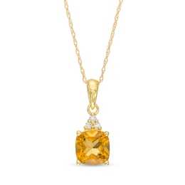 7.0mm Cushion-Cut Citrine and 1/20 CT. T.W. Diamond Tri-Top Drop Pendant in 10K Gold