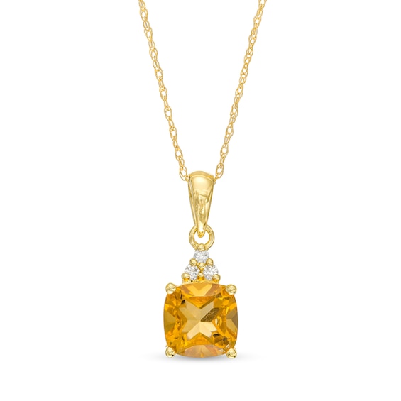 7.0mm Cushion-Cut Citrine and 1/20 CT. T.w. Diamond Tri-Top Drop Pendant in 10K Gold
