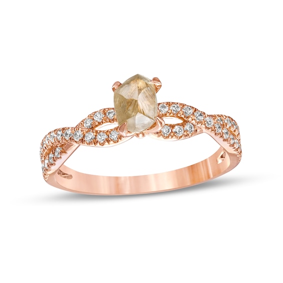 1-1/4 CT. T.w. Rough-Cut Champagne and White Diamond Twist Shank Engagement Ring in 14K Rose Gold