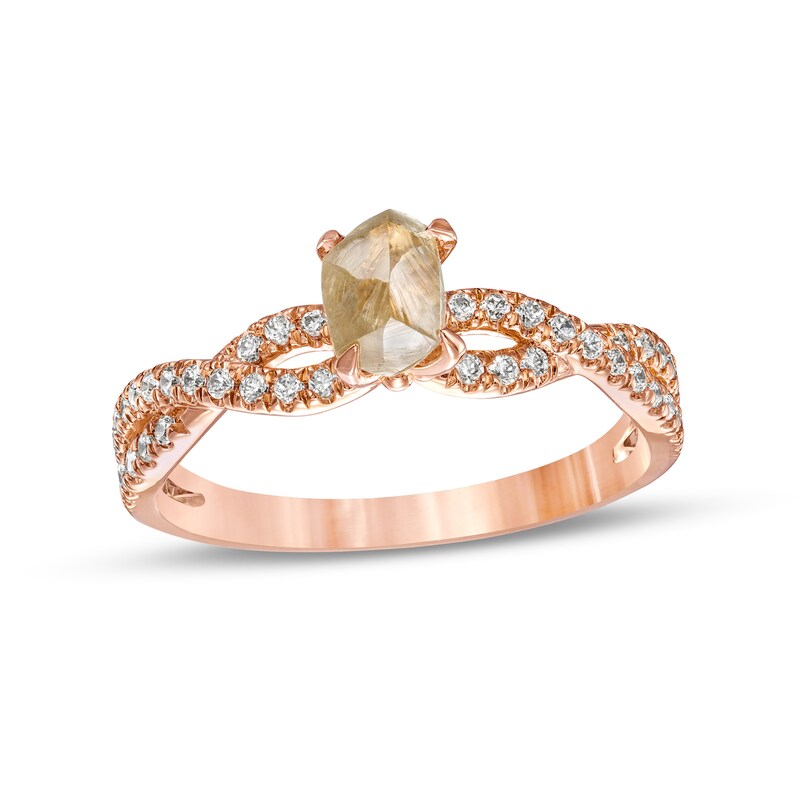 Main Image 1 of 1-1/4 CT. T.W. Rough-Cut Champagne and White Diamond Twist Shank Engagement Ring in 14K Rose Gold
