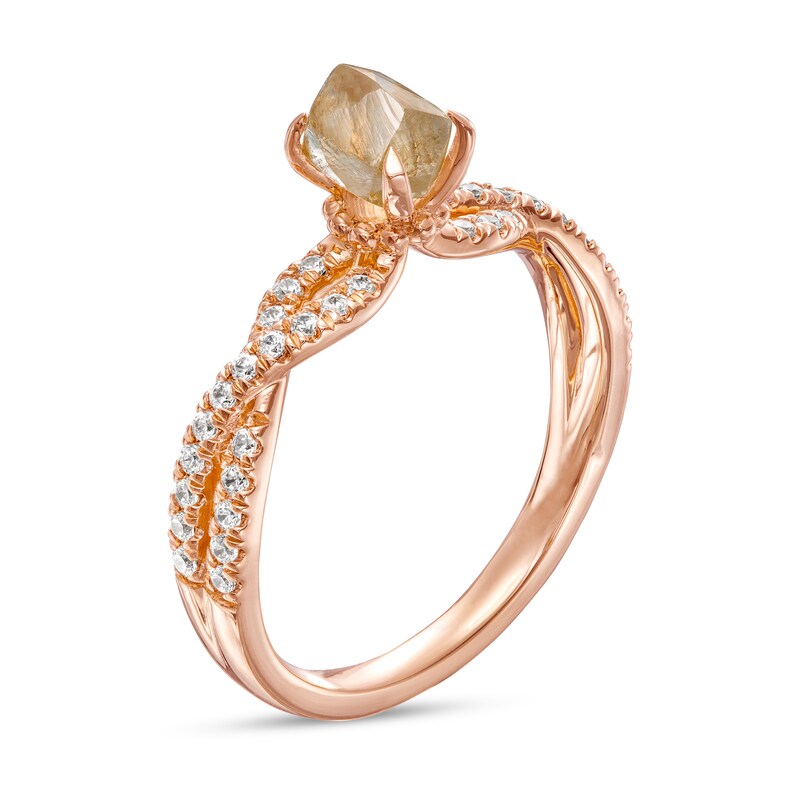 Main Image 3 of 1-1/4 CT. T.W. Rough-Cut Champagne and White Diamond Twist Shank Engagement Ring in 14K Rose Gold