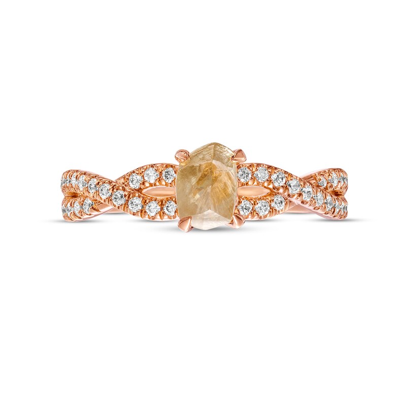 Main Image 4 of 1-1/4 CT. T.W. Rough-Cut Champagne and White Diamond Twist Shank Engagement Ring in 14K Rose Gold