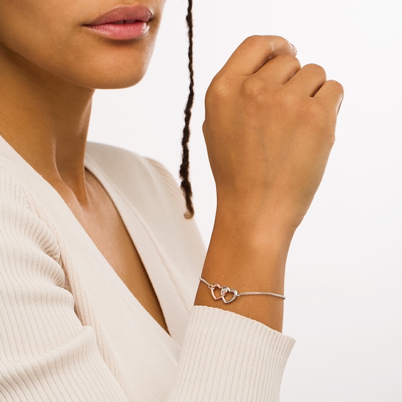 Double Interlocking Hearts Bracelet in Sterling Silver and 18K Rose Gold Plate - 7.25"