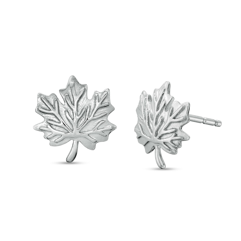Textured Leaf with Stem Stud Earrings in Sterling Silver